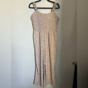 Dex Beige Floral Strappy Smocked Cropped Wide Leg Jumpsuit